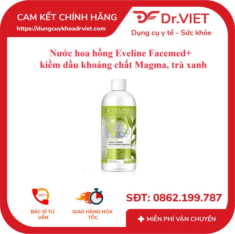 Nước hoa hồng Eveline Facemed+ kiềm dầu khoáng chất Magma, trà xanh 400ml