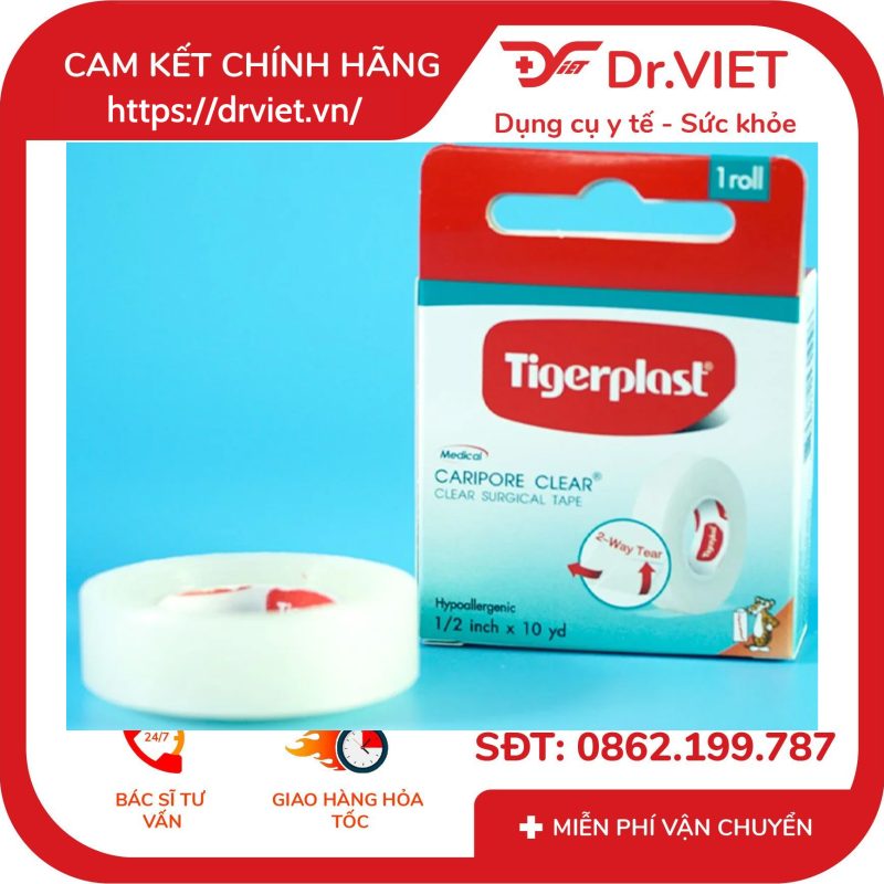 Cuộn băng keo y tế nhựa Tigerplast Caripore Clear dán bông gạc và băng lót 10 Cuộn băng keo y tế nhựa Tigerplast Caripore Clear dán bông gạc và băng lót
