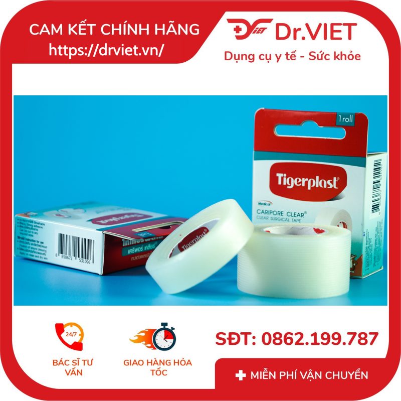 Cuộn băng keo y tế nhựa Tigerplast Caripore Clear dán bông gạc và băng lót