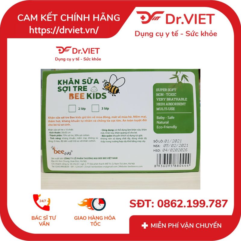 Khăn sữa sợi tre Bee Kids thương hiệu Beevn (Hộp 10 cái) 12 Khăn sữa sợi tre Bee Kids thương hiệu Beevn (Hộp 10 cái)