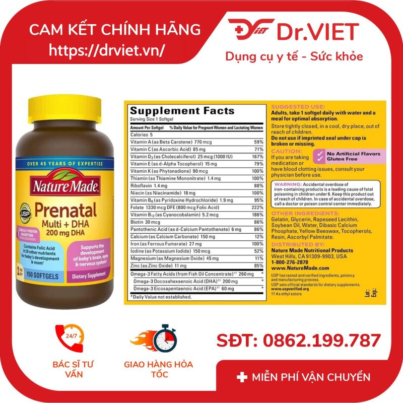 Nature Made Prenatal Multi + DHA bổ sung vitamin cho bà bầu hộp 150 viên 9 Nature Made Prenatal Multi + DHA bổ sung vitamin cho bà bầu hộp 150 viên