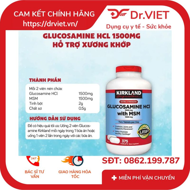Viên uống bổ khớp Kirkland Glucosamine HCL 1500mg 12 Viên uống bổ khớp Kirkland Glucosamine HCL 1500mg