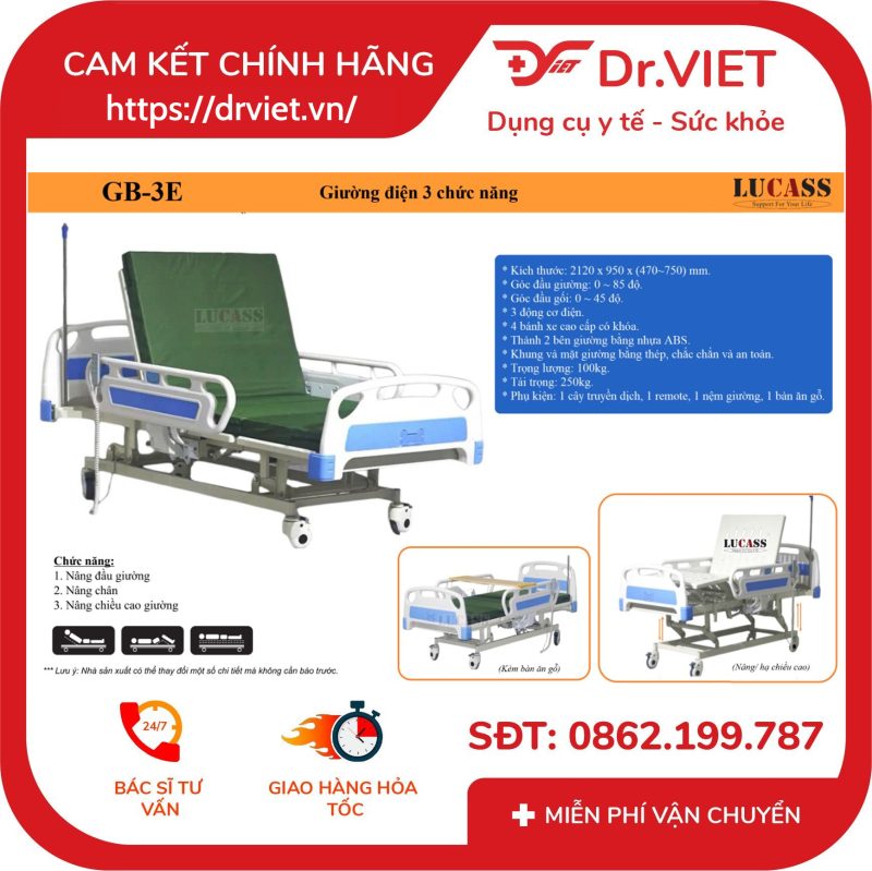 Giường Bệnh Nhân Điện 3 Chức Năng Lucass GB-3E