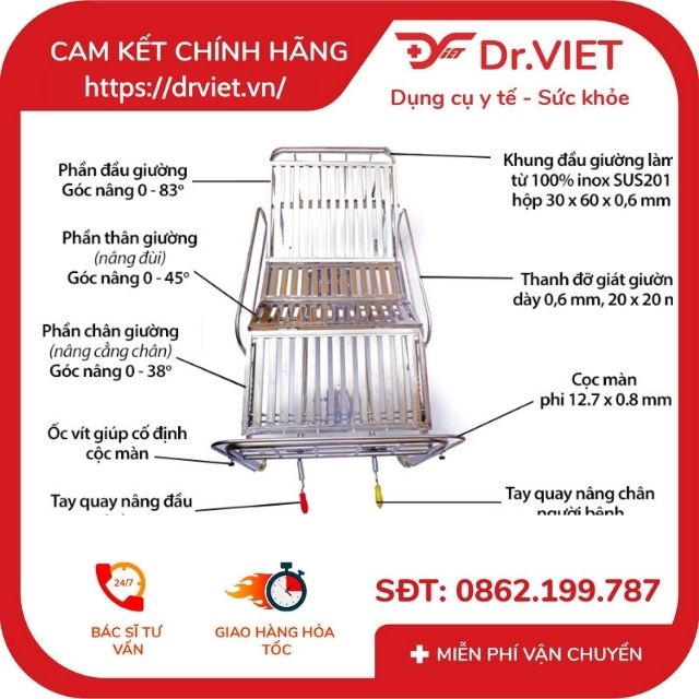 Giường bệnh INOX 2 tay quay nâng đầu nâng chân - Hỗ trợ người bệnh