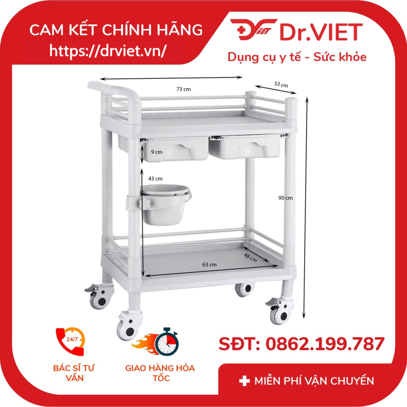 Xe đẩy dụng cụ tiêm nhựa ABS