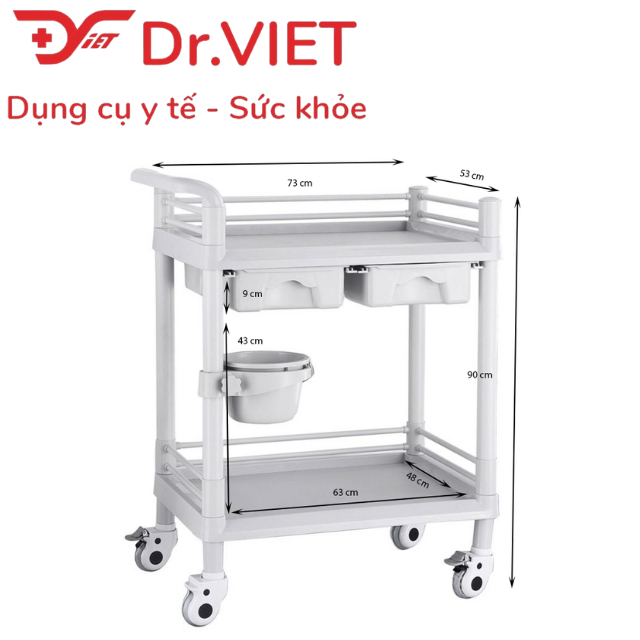 Xe đẩy dụng cụ tiêm nhựa ABS Loại 2 tầng cỡ lớn, 2 hộc kéo, 1 chậu size L