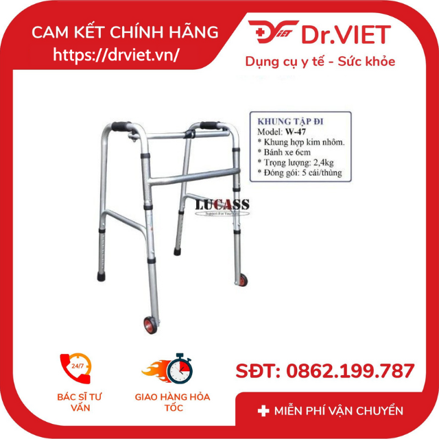 Khung tập đi hợp kim nhôm Lucass W-47 chính hãng, giúp dễ di chuyển khi bị tai nạn, người lớn tuổi đi dễ dàng, nhỏ gọn