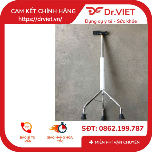 Gậy Đức Cường inox 3 chân dày có láp (gậy đế cao) - DCG04