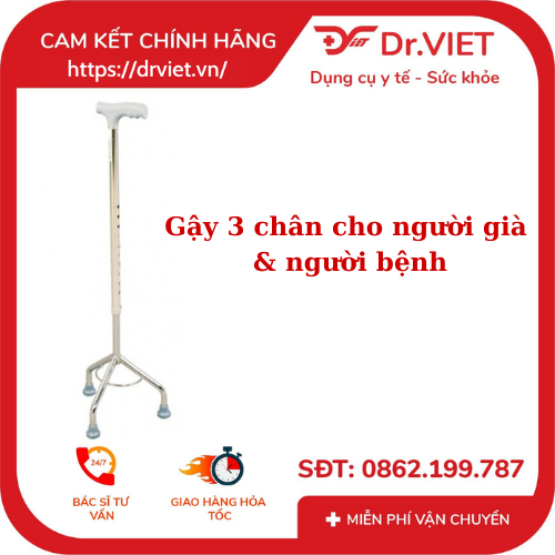 Gậy Đức Cường inox 3 chân dày có láp (gậy đế cao) - DCG04