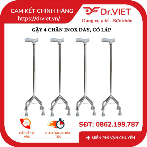 So sánh gậy 4 chân inox dày có láp vs gậy 4 inox chân dày - Đức Cường