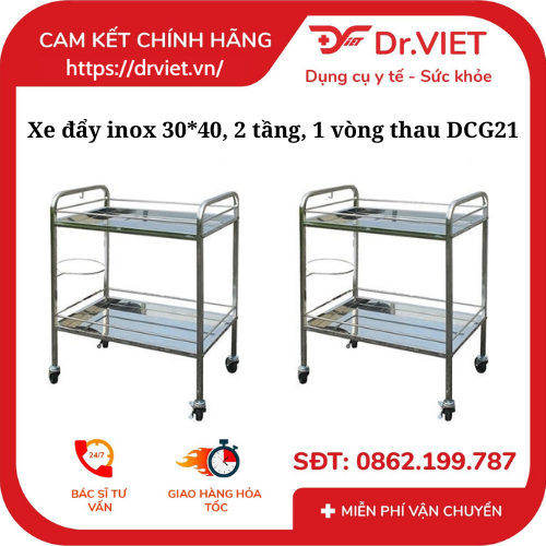 Xe đẩy inox 30*40, 2 tầng, 1 vòng thau DCG21 - Lựa chọn lý tưởng để vận chuyển hàng hóa và dụng cụ y tế một cách hiệu quả.