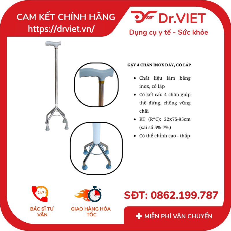 GẬY 4 CHÂN INOX DÀY, CÓ LÁP - ĐỨC CƯỜNG