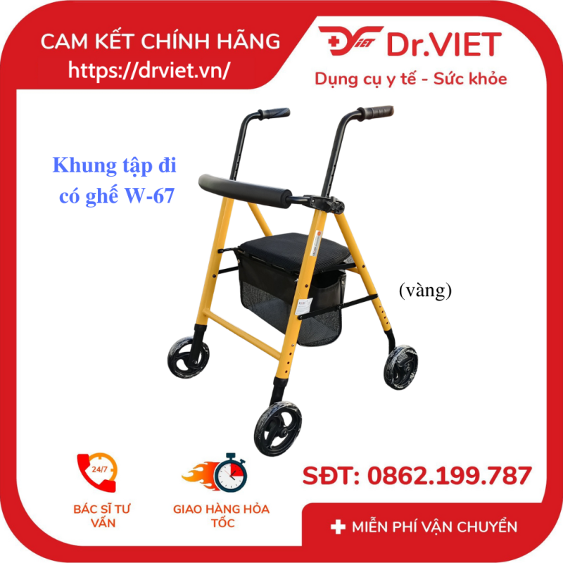 Khung tập đi có ghế LUCASS W-67 Chính hãng - Giúp hỗ trợ đi lại cho người già, người bị chấn thương vùng chân,Khung hợp kim nhôm, Có ghế ngồi, Có giỏ đựng đồ, có thể tháo rời hai bánh sau, có thắng,phanh