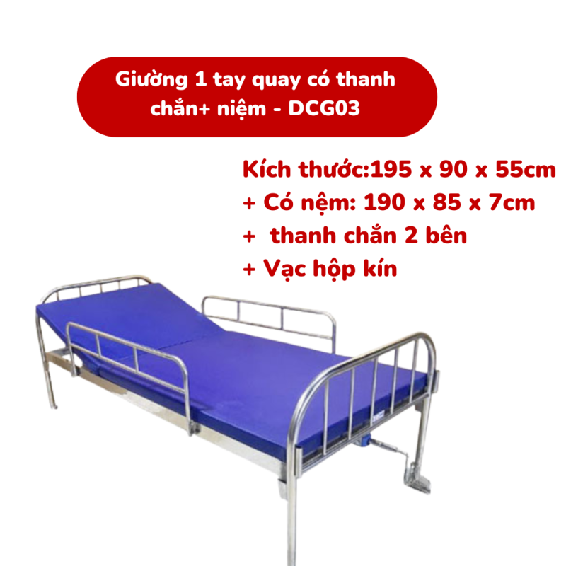 Giường 1 tay quay có thanh chắn + nệm DCG03