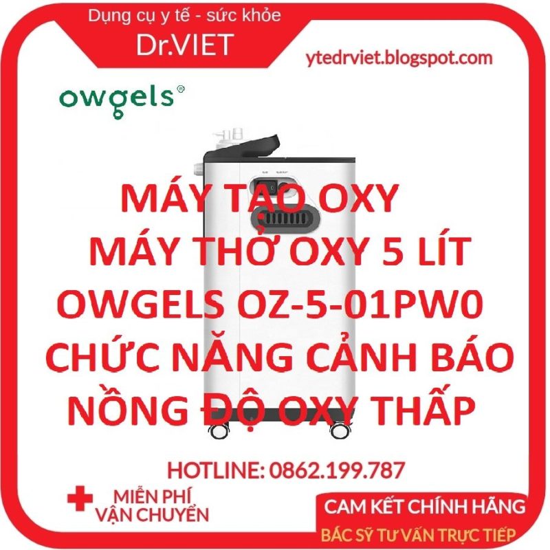 Máy tạo Oxy 5Lit Owgels OZ-5-01PW0- Tích hợp chức năng xông khí, nồng độ oxy tinh khiết cao, chức năng cảnh báo nồng độ oxy thấp, hỗ trợ bệnh về đường hô hấp như ho, hen suyễn, phổi tắc nghẽn mãn tính, cung cấp oxy 5 lít