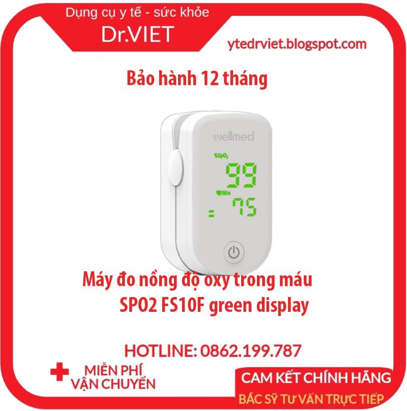 Máy đo nồng độ oxy trong máu SPO2 Wellmed FS10F Green display kích thước nhỏ gọn, tiện dụng. Sử dụng 1 nút bấm nên dễ dàng sử dụng. Nhiều chế độ, màn hình led, tự động tắt khi không có tín hiệu, bảo hành 12 tháng