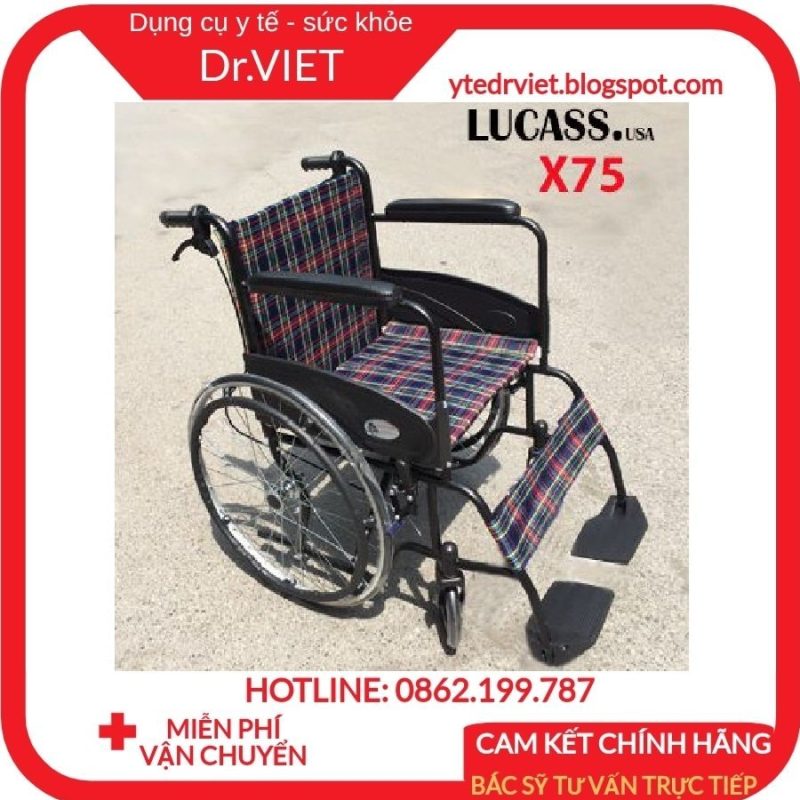 [Cao Cấp] Xe lăn Tiêu chuẩn Lucass X75 (Có thắng tay)-Giúp cho người già, người khuyết tật, bệnh nhân di chuyển dễ dàng