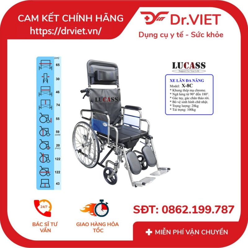 Xe lăn tay vệ sinh tại chỗ Lucass X-8C/X-8CB nhập khẩu chính hãng dành cho người già, bệnh nhân giao hàng lắp đặt tận nơi