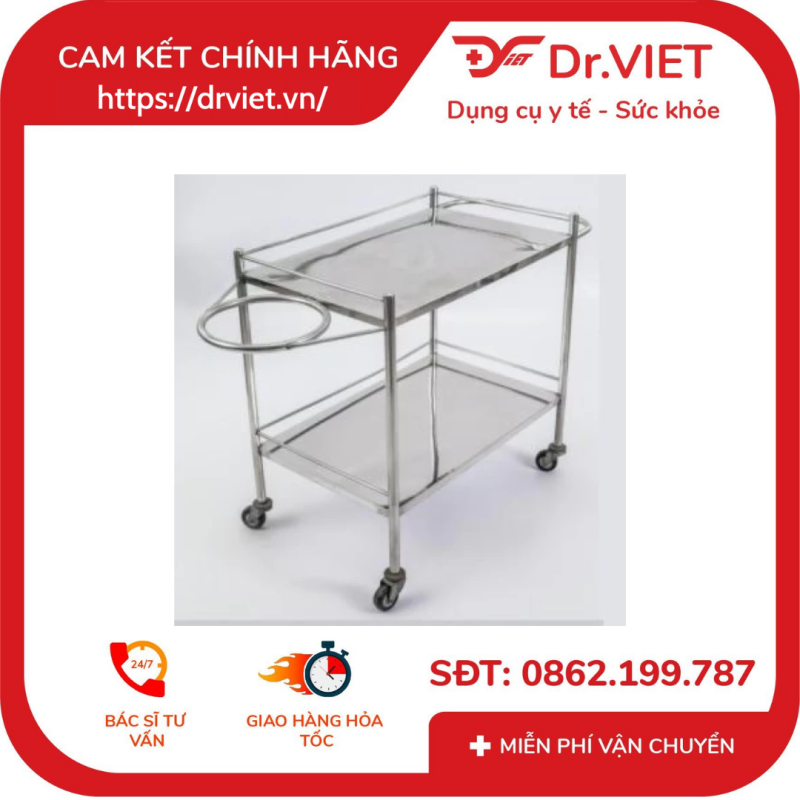 Xe đẩy 50*80 2 tầng inox có vòng xô-DCG39