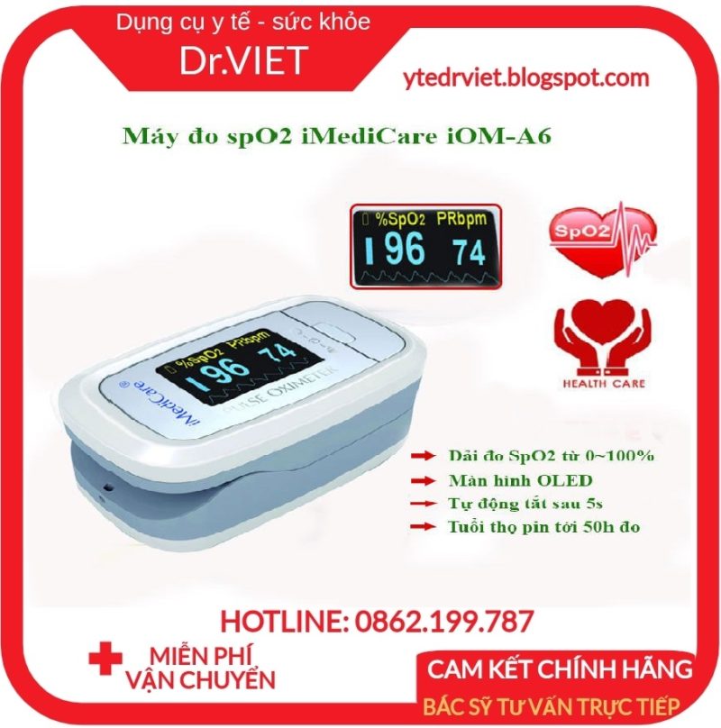 Máy đo nồng độ oxy trong máu SpO2 và nhịp tim Imedicare iOM-A6- Chính hãng Singapore bảo hành 2 năm, sử dụng cho hầu hết các bệnh nhân từ trẻ sơ sinh, trẻ em cho đến người lớn, kẹp tay đo dễ dàng, độ chính xác cao cho mùa dịch
