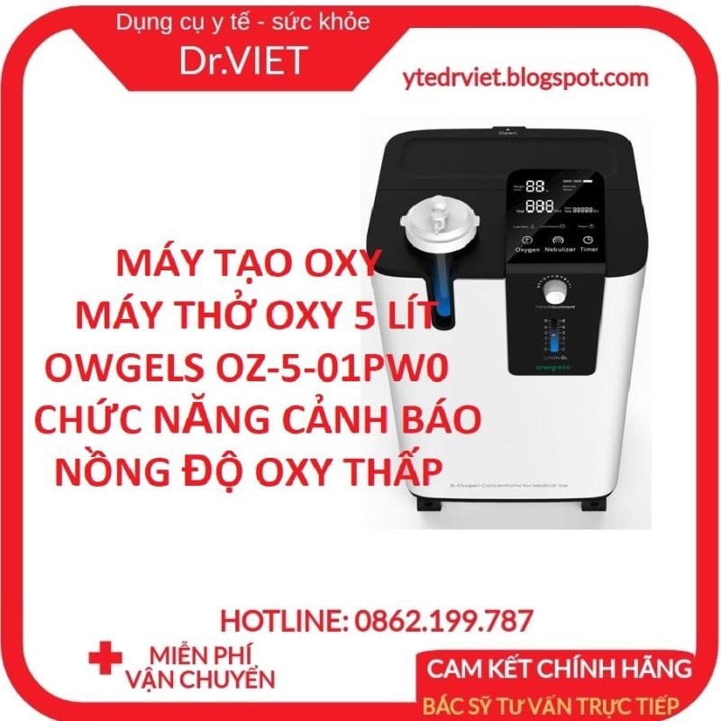 Máy tạo Oxy 5Lit Owgels OZ-5-01PW0- Tích hợp chức năng xông khí, nồng độ oxy tinh khiết cao, chức năng cảnh báo nồng độ oxy thấp, hỗ trợ bệnh về đường hô hấp như ho, hen suyễn, phổi tắc nghẽn mãn tính, cung cấp oxy 5 lít