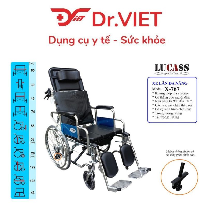 Xe lăn đa năng có bô ngả nằm, chống lật Lucass X-767/X-767B - thuận tiện chăm sóc người già, người bệnh, người khuyết tật thuận tiện, dễ dàng, chức năng ngả nằm giúp đỡ mỏi lưng, bánh chống lật an toàn cho người sử dụng