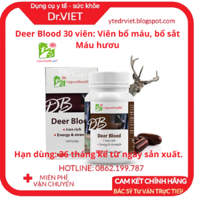 Viên nang máu hươu bổ máu, cấp sắt Deer Blood NZPurehealth (30 viên) - Cung cấp sắt, protein, amino axit, hỗ trợ người suy nhược cơ thể, thiếu máu, thiếu sắt, bổ sung protein phục hồi thể trạng khỏe mạnh