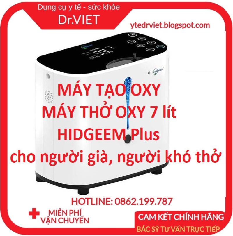 MÁY TẠO OXY THỞ OXY 7 lít HIDGEEM Plus- Cung cấp oxy cho người bệnh hô hấp phổi hen suyễn thiếu oxy, có xông khí dung, tạo oxy tinh khiết cho người thiếu oxy, bệnh hô hấp, Tạo oxy cấp tốc, Cho người già người khó thở thiếu oxy