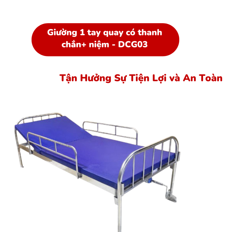 Giường 1 tay quay có thanh chắn + nệm DCG03