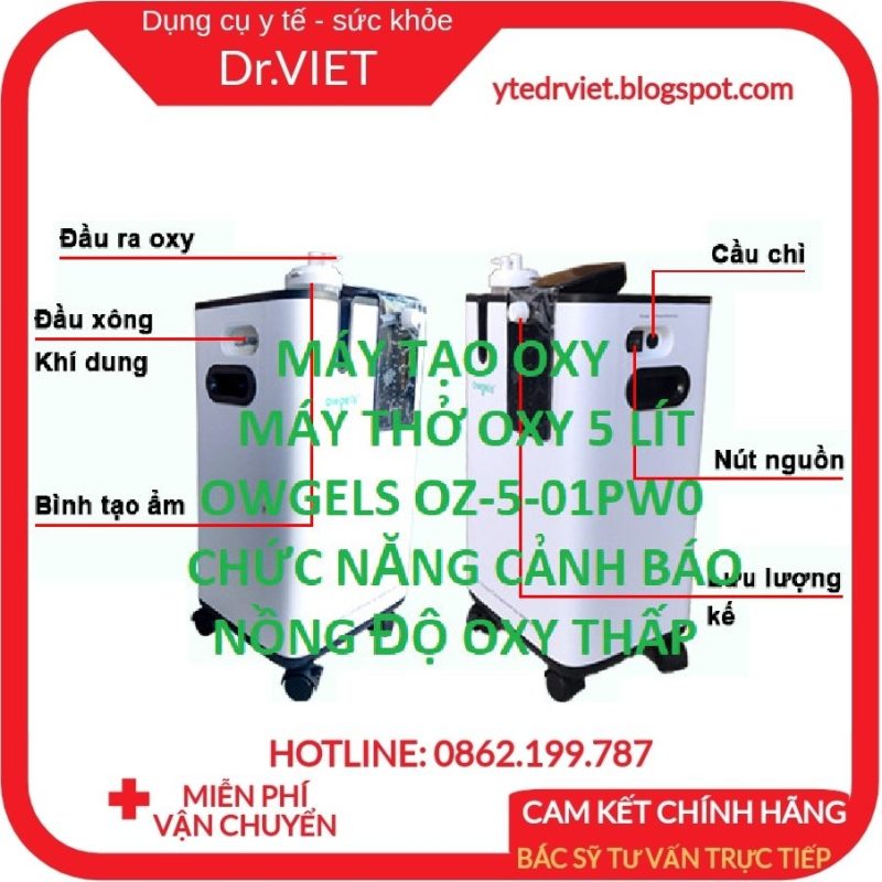Máy tạo Oxy 5Lit Owgels OZ-5-01PW0- Tích hợp chức năng xông khí, nồng độ oxy tinh khiết cao, chức năng cảnh báo nồng độ oxy thấp, hỗ trợ bệnh về đường hô hấp như ho, hen suyễn, phổi tắc nghẽn mãn tính, cung cấp oxy 5 lít