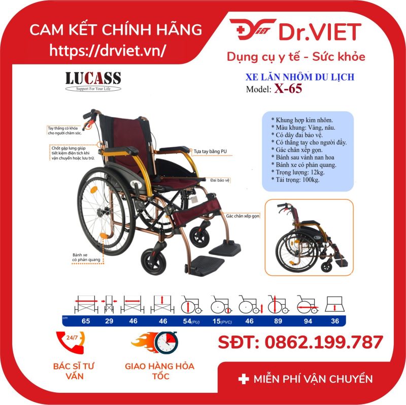 Xe lăn nhôm du lịch Lucass X-65