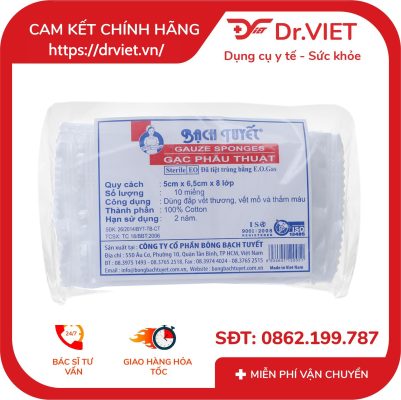 Gạc phẫu thuật Bạch Tuyết (5cm x 6.5cm x 8 lớp) gói 10 miếng 14 Gạc phẫu thuật Bạch Tuyết (5cm x 6.5cm x 8 lớp) gói 10 miếng