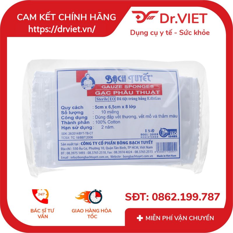 Gạc phẫu thuật Bạch Tuyết (5cm x 6.5cm x 8 lớp) gói 10 miếng