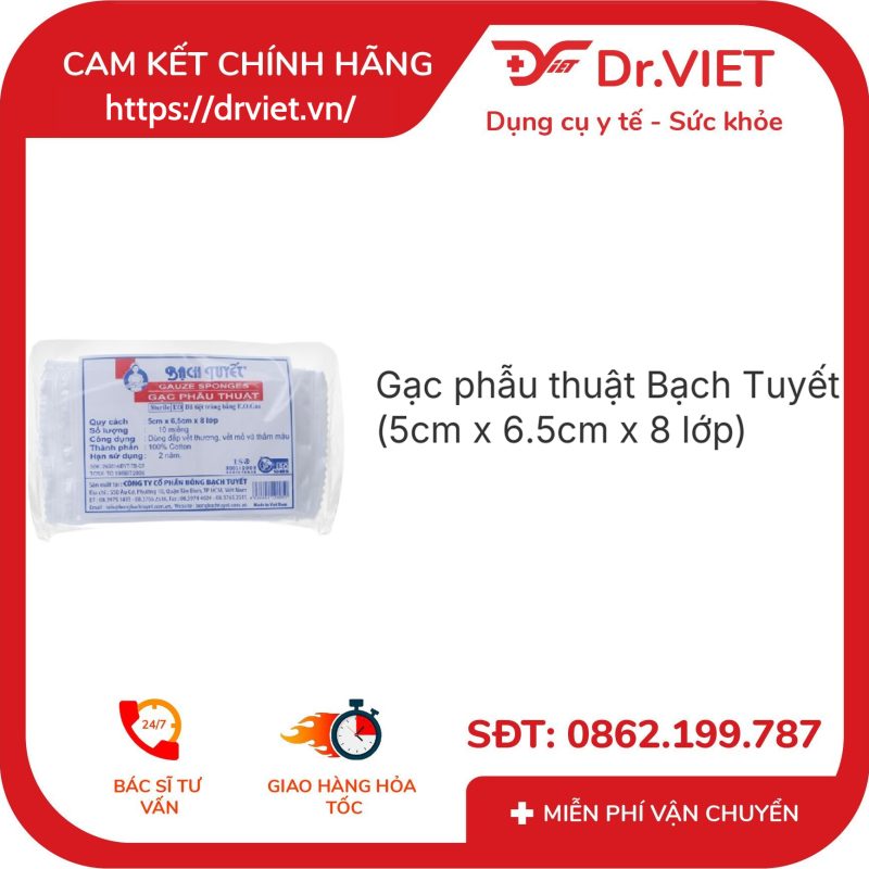 Gạc phẫu thuật Bạch Tuyết (5cm x 6.5cm x 8 lớp) gói 10 miếng 11 Gạc phẫu thuật Bạch Tuyết (5cm x 6.5cm x 8 lớp) gói 10 miếng