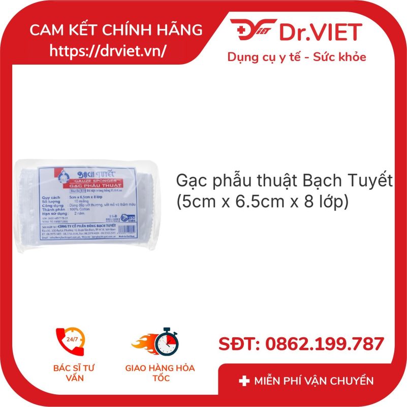 Gạc phẫu thuật Bạch Tuyết (5cm x 6.5cm x 8 lớp) gói 10 miếng 13 Gạc phẫu thuật Bạch Tuyết (5cm x 6.5cm x 8 lớp) gói 10 miếng