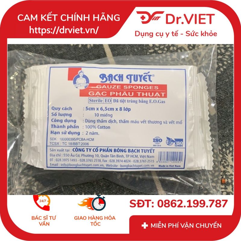 Gạc phẫu thuật Bạch Tuyết (5cm x 6.5cm x 8 lớp) gói 10 miếng 12 Gạc phẫu thuật Bạch Tuyết (5cm x 6.5cm x 8 lớp) gói 10 miếng