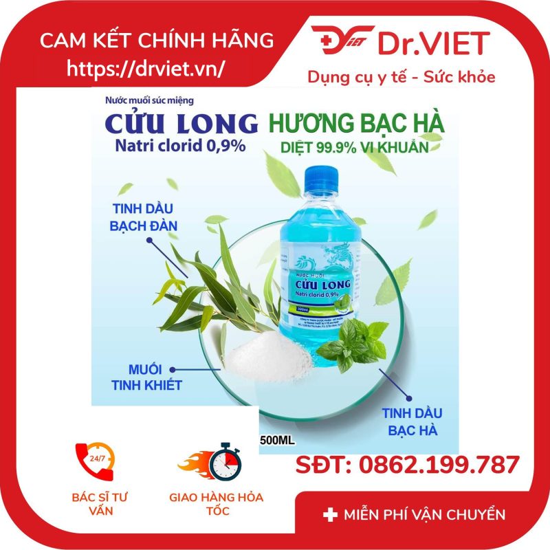 Nước muối Cửu Long Natri clorid 0.9% bạc hà chai 500ml 9 Nước muối Cửu Long Natri clorid 0.9% bạc hà chai 500ml