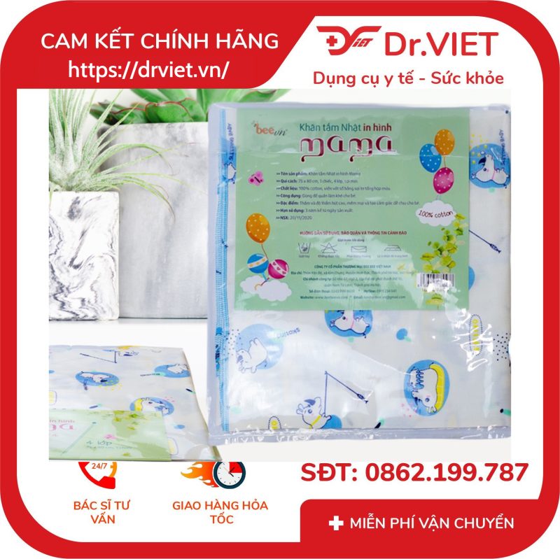 Khăn tắm Nhật sợi mịn Mama thương hiệu BeeVN 4 lớp in hình