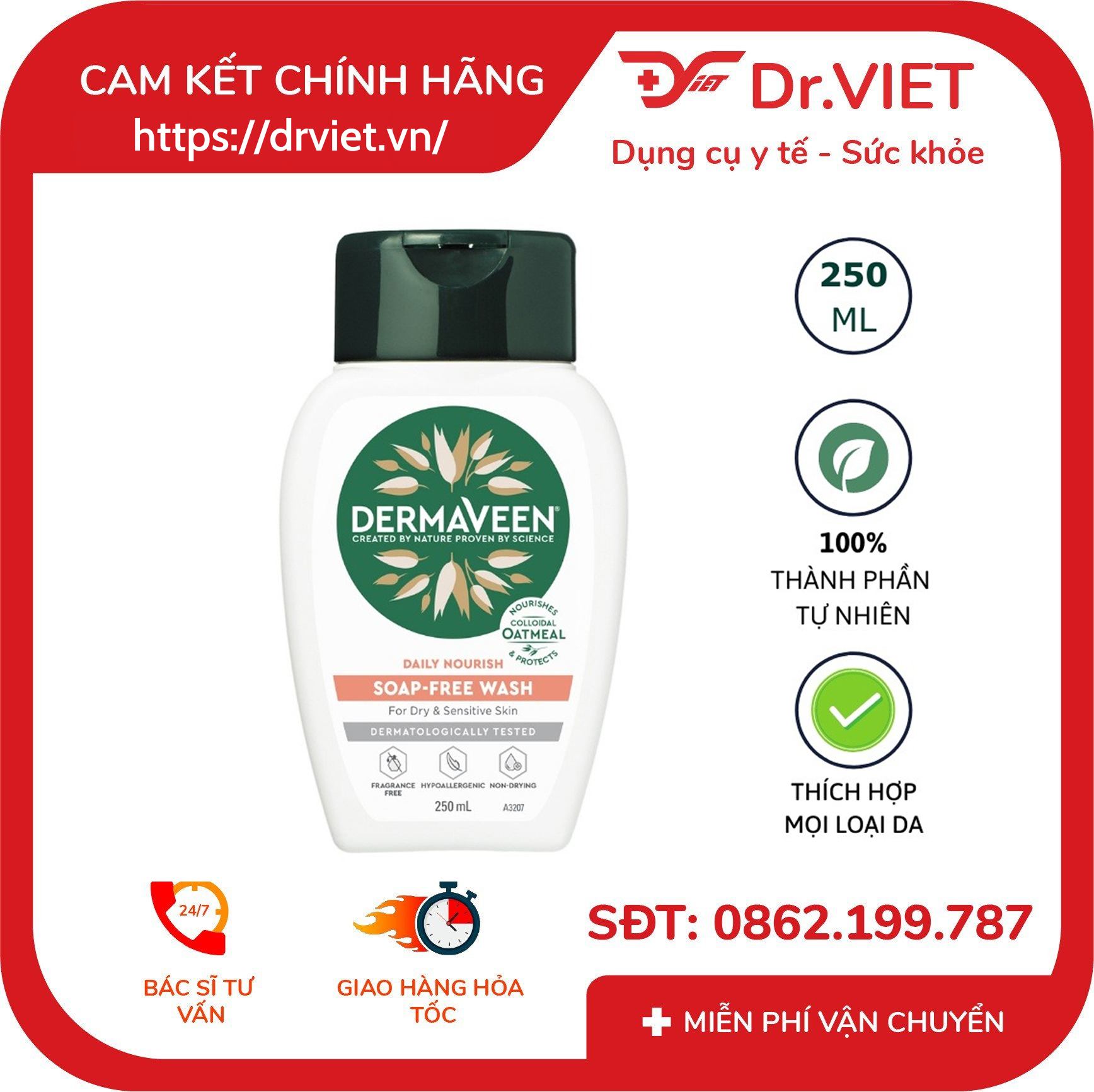 Sữa Tắm DermaVeen Daily Nourish Soap-Free Wash 250ml 2 Sữa Tắm DermaVeen Daily Nourish Soap-Free Wash 250ml