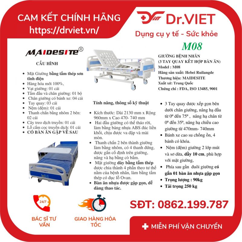 Giường Bệnh Nhân 3 Tay Quay Maidesite M08 14 Giường Bệnh Nhân 3 Tay Quay Maidesite M08