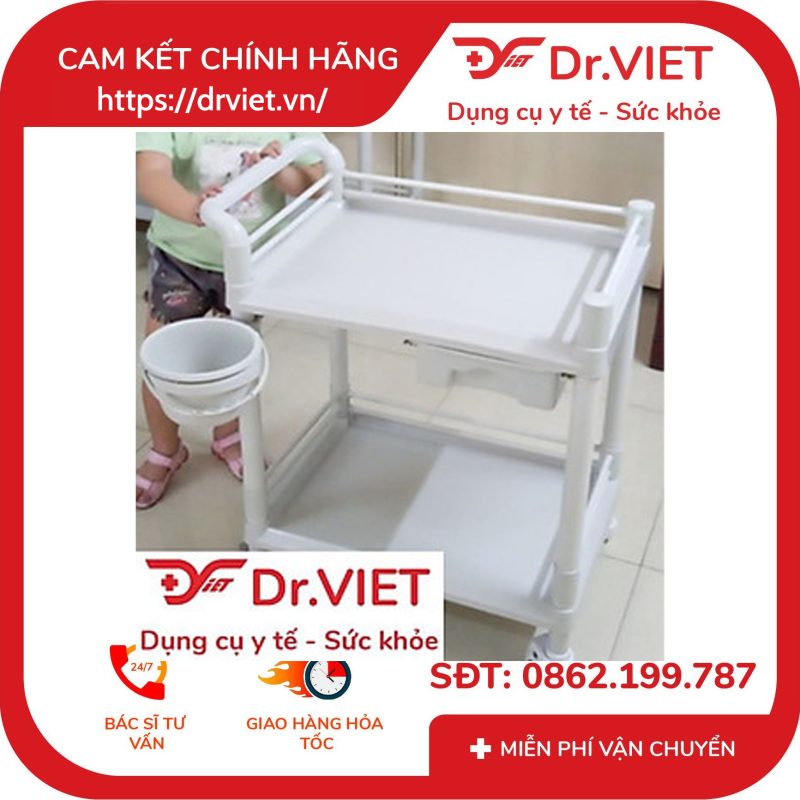 Xe đẩy dụng cụ tiêm nhựa ABS Loại 2 tầng 2 hộc kéo 1 chậu size L