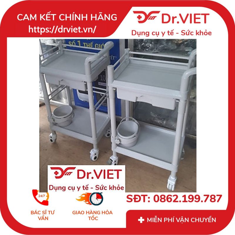 Xe đẩy dụng cụ tiêm nhựa ABS Loại 2 tầng 2 hộc kéo 1 chậu size L