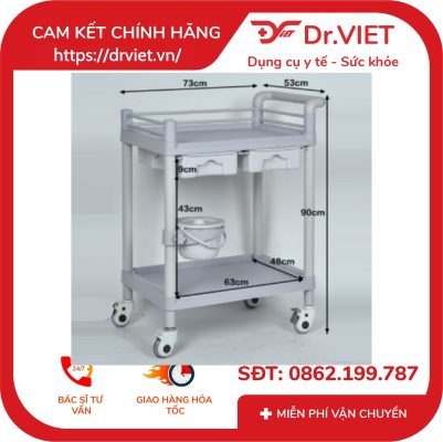Xe đẩy dụng cụ tiêm nhựa ABS Loại 2 tầng 2 hộc kéo 1 chậu size L