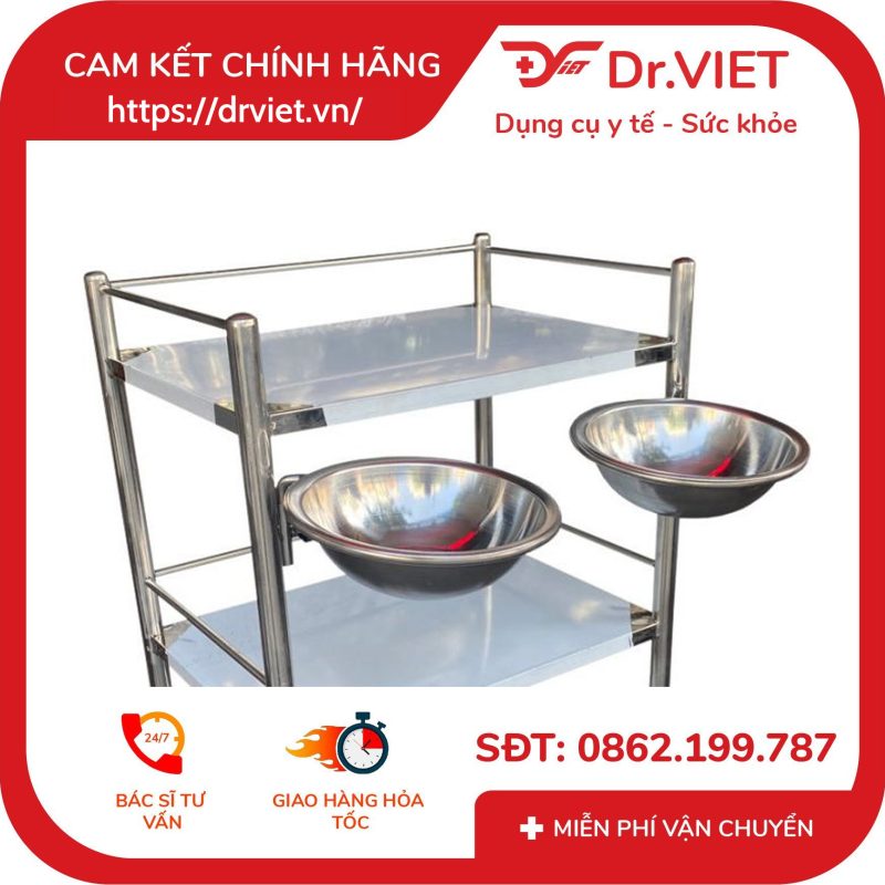Xe Đẩy Inox 2 Tầng 35x50 Có 2 Vòng Thau