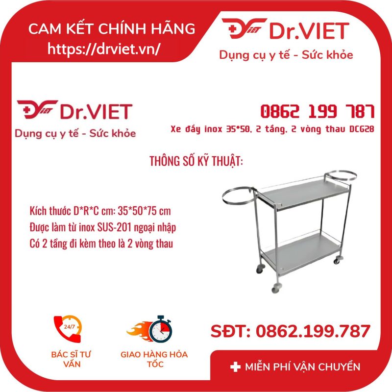 Xe Đẩy Inox 2 Tầng 35x50 Có 2 Vòng Thau