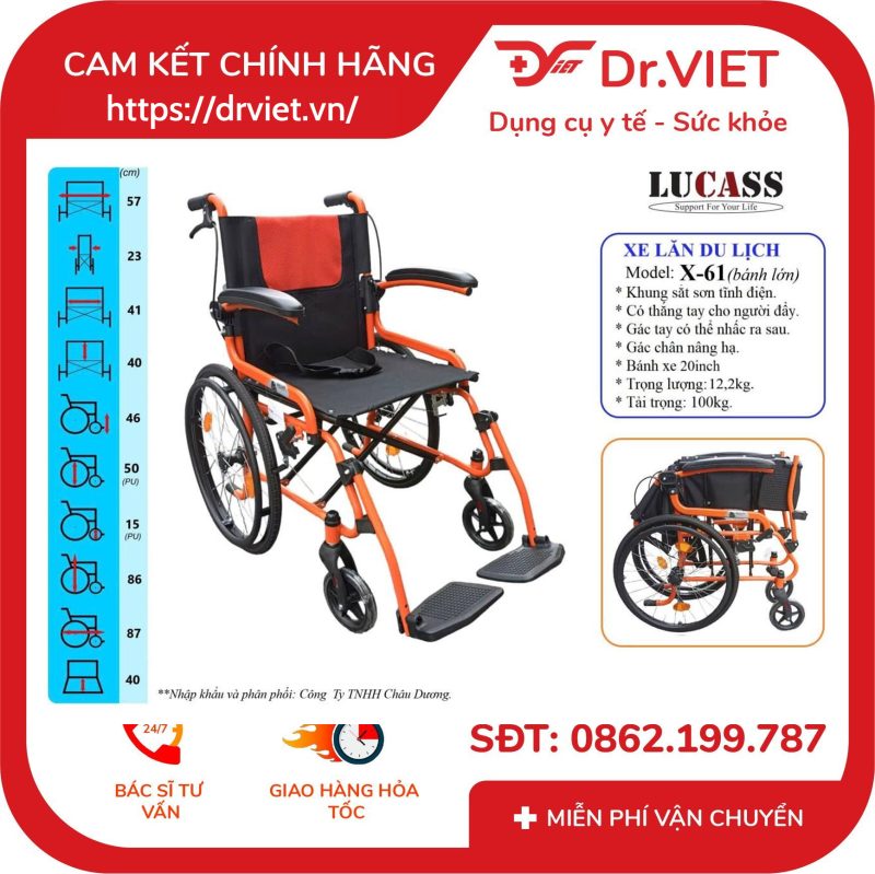 Xe Lăn Du Lịch Sắt Sơn Bánh Lớn Lucass X-61