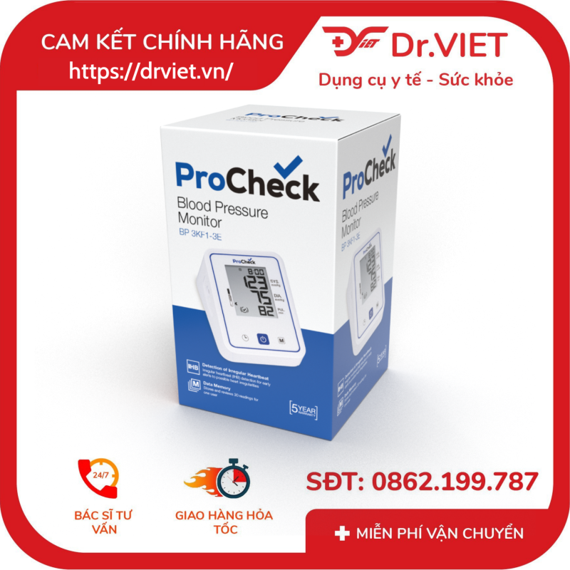 Máy đo huyết áp bắp tay Procheck BP 3KD1-3F Chính hãng - Độ chính xác cao đã được kiểm chứng, đo nhanh, chuẩn, cảm biến thông minh, công nghệ đo tiên tiến, lưu trữ lịch sử đo, bảo hành chính hãng, tự động bơm xả, vòng bít êm ái, phù hợp với mọi thành viên trong gia đình, màn hình LCD lớn rõ nét, cảnh báo nhịp tim bất thường, thao tác đơn giản, tiết kiệm pin, hướng dẫn đặt tay đúng, công nghệ đo thông minh