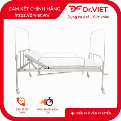 Giường inox y tế 1,2m có 1 tay quay, thanh chắn, bánh xe, có bô hoặc không bô