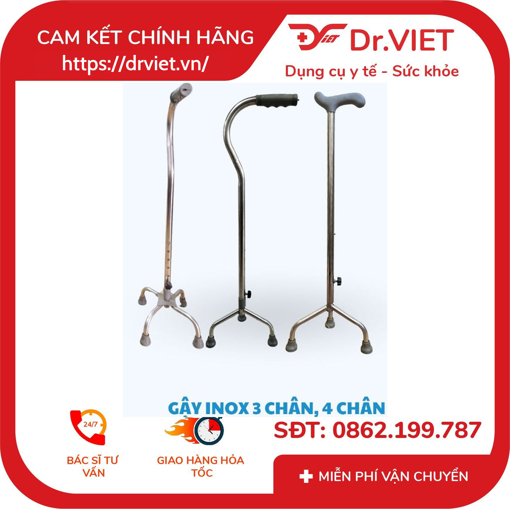 Gậy Đức Cường inox 3 chân đế cao 6 Gậy Đức Cường inox 3 chân đế cao