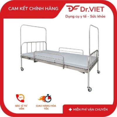 giường y tế inox 1m2 vạc hộp kín 1 tay quay có thanh chắn, bánh xe khóa an toàn, có bô/không bô 1 Giường Y Tế Inox 1m2